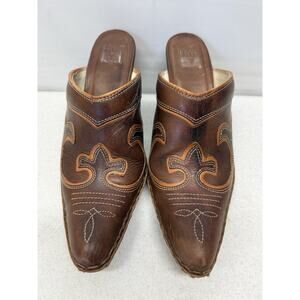The FRYE Phoenix Mules Western-Inspired Slip-On Brown Leather Shoes Womens 8 M
